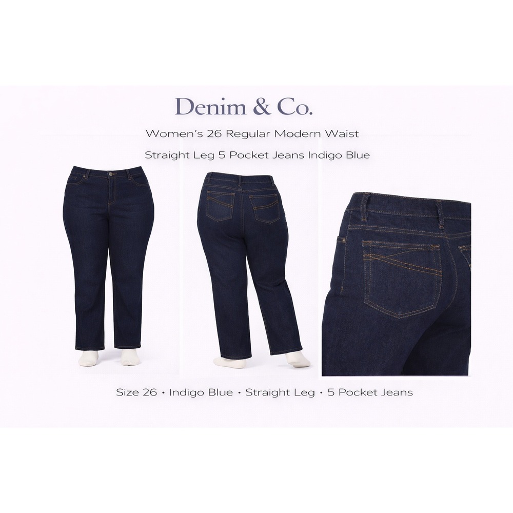 Denim & Co Womens 26 Regular Modern Waist Straight Leg 5 Pocket Jean Indigo Blue